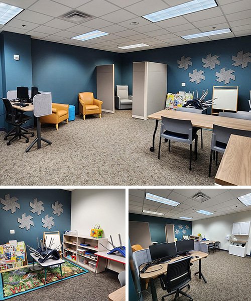 Computers, worktables, and children's play spaces in the Family Study Room in Charles V. Park Library.