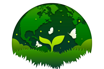 Green globe graphic, with green grass, a new green leaf sprout, as well as white butterflies flying about.