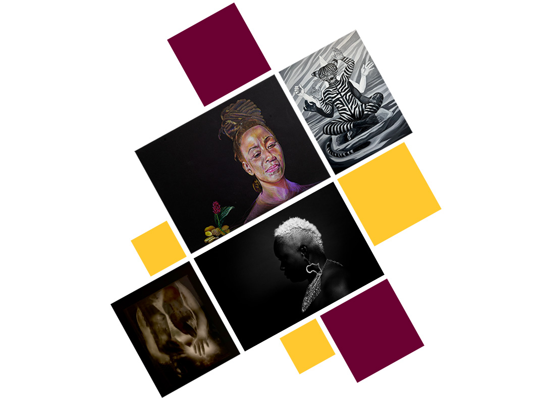A collage of images and maroon and gold square graphic elements that are selected from the permanant art collection of Central Michigan University.