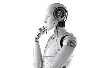 Side profile of a robot with its hand on its chin in thought.
