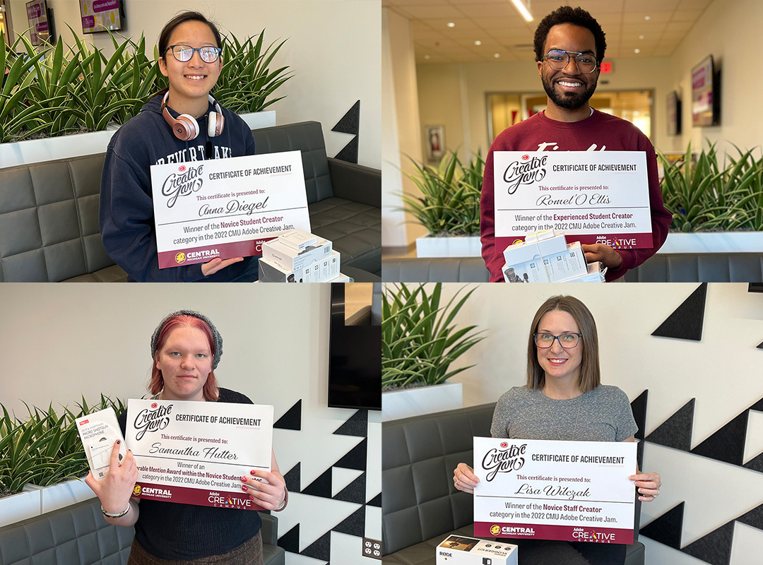 The 2022 Creative Jam winners hold certificates of achievement as winners in their categories; Anna Diegel, Novice Student, Romel'O Ellis, Experienced Student, Samantha Hutter, Honorable Mention Award/Novice Student, Lisa Wilczak, Novice Staff.