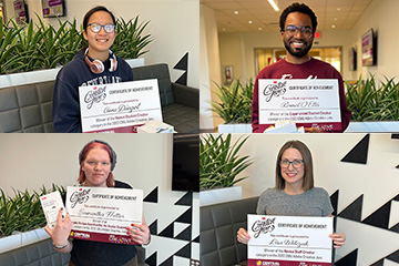 The 2022 Creative Jam winners hold certificates of achievement as winners in their categories; Anna Diegel, Novice Student, Romel'O Ellis, Experienced Student, Samantha Hutter, Honorable Mention Award/Novice Student, Lisa Wilczak, Novice Staff.
