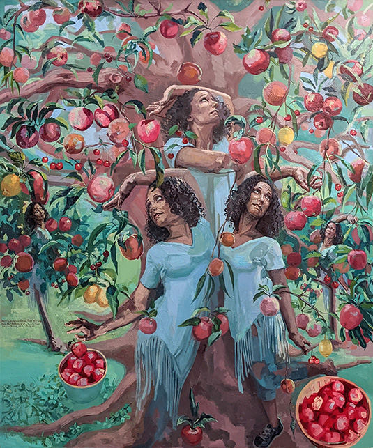 An apple tree integrated with three women in blue dresses surrounded by baskets of apples.