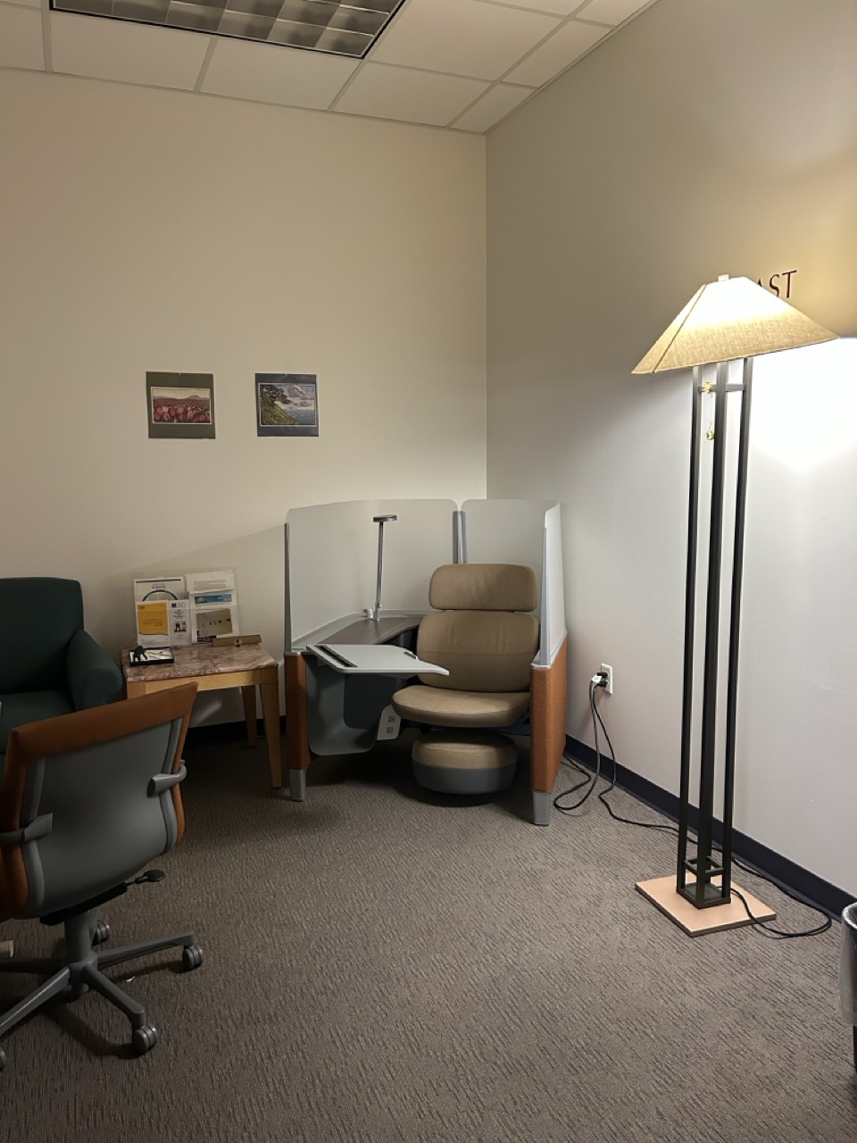 Room with dim lighting and study pod, arm chair, desk chair and desk.