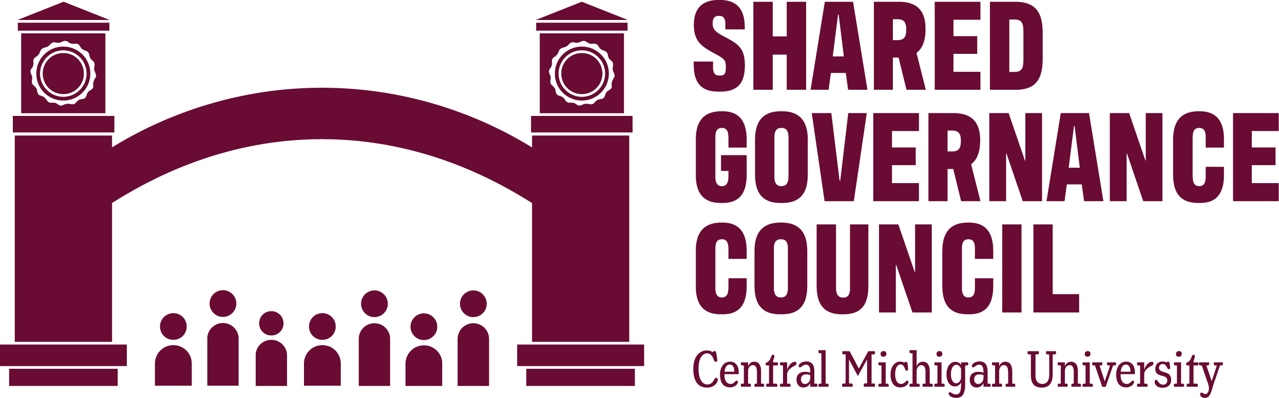 Shared Governance Council Spirit Mark Campus entrance gate and students illustration with text Shared Governance Council Central Michigan University.