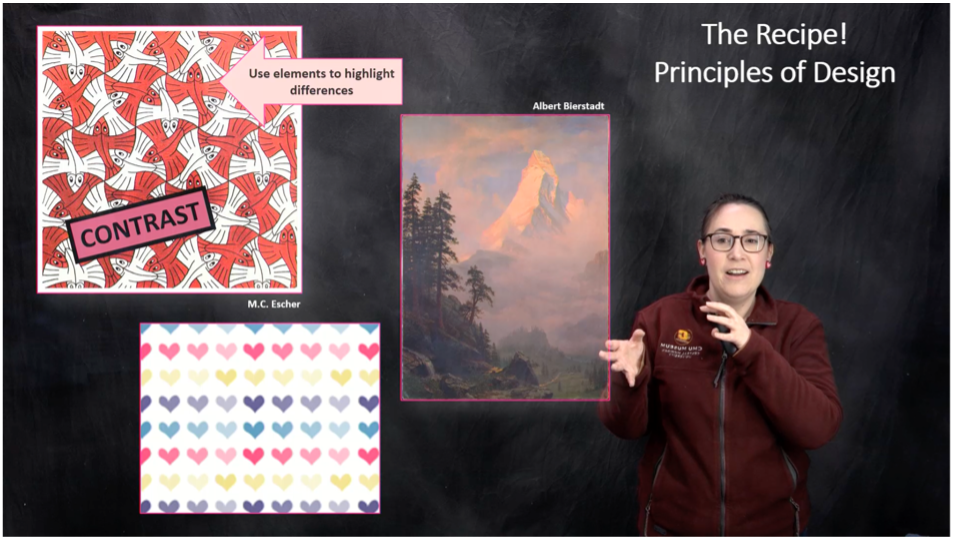 A presenter standing by a screen shows The Recipe Principles of Design, emphasizes contrast and a painting by Albert Bierstadt