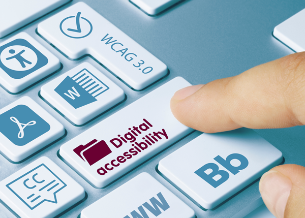 a finger pressing a keyboard key for digital accessibility, with surrounding keys showing accessibility, Blackboard, Word, and Adobe icons