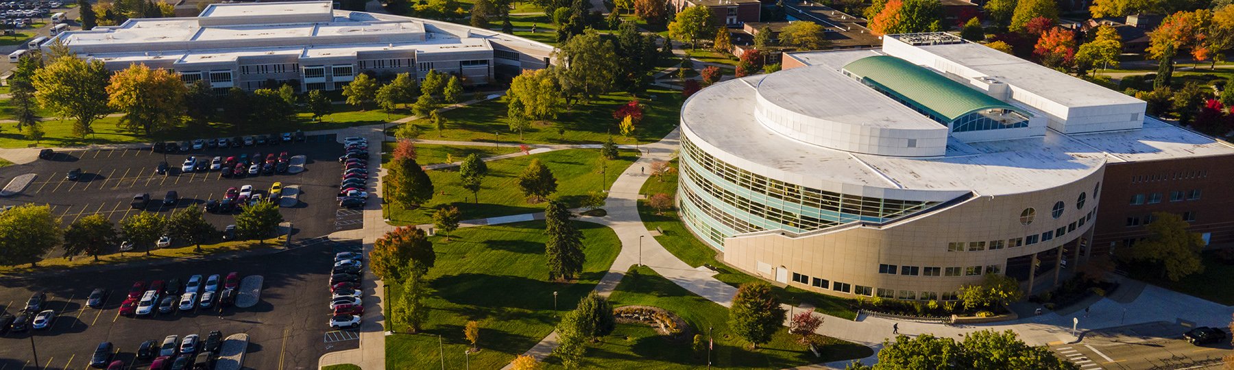 An aerial view of CMU's Park Library, looking from the northeast in the fall.