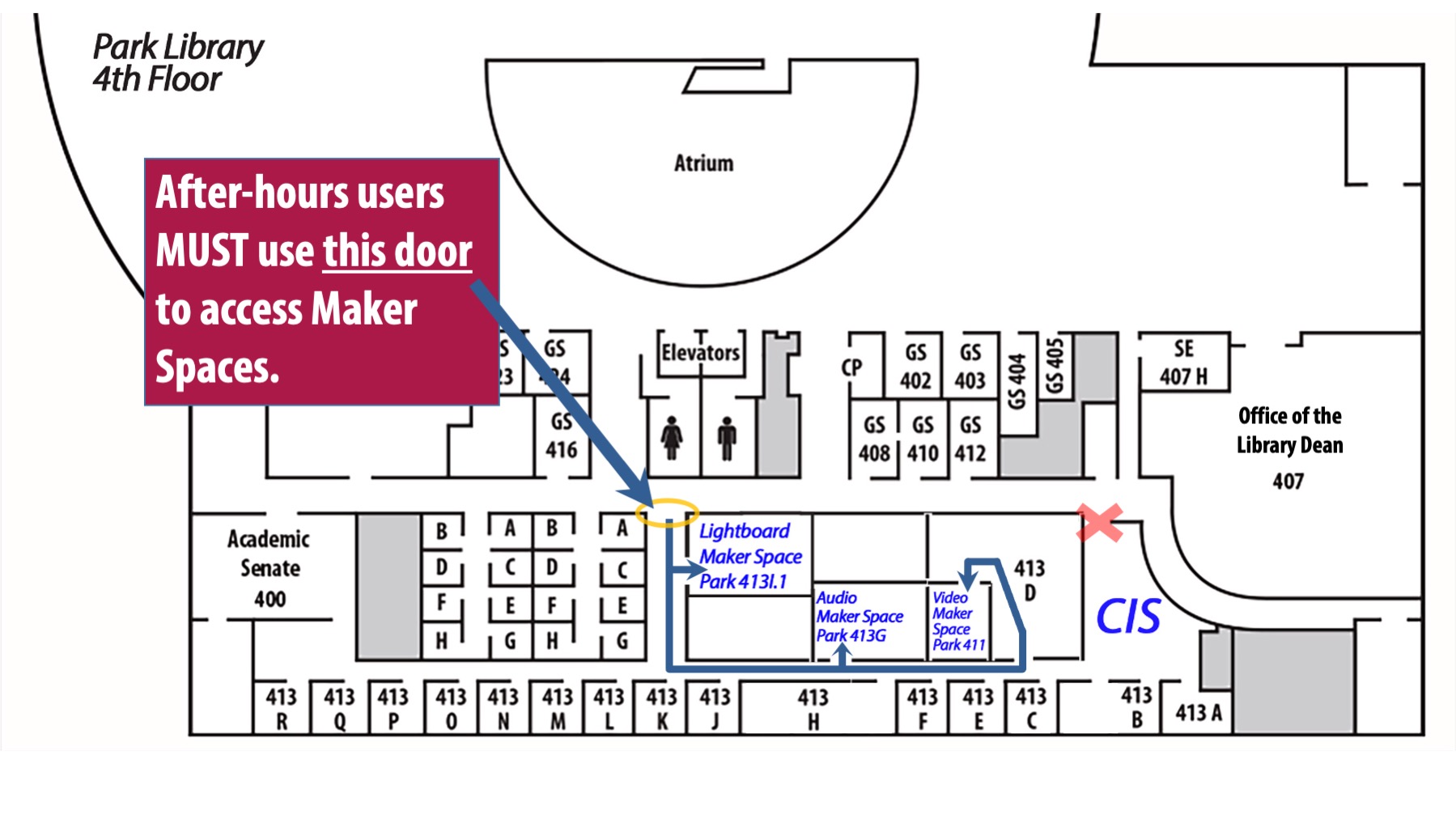 Map of Park Library 4th floor showing Maker Space locations