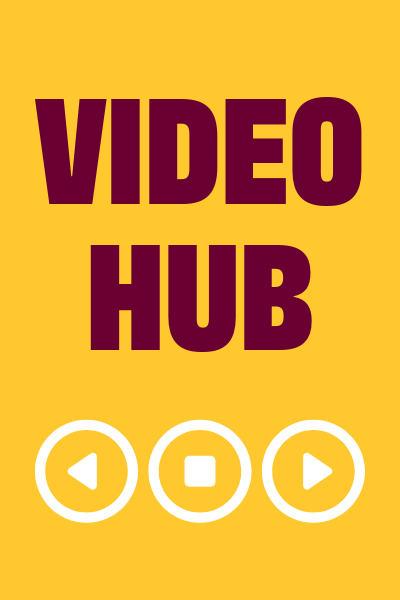 Video Hub in maroon with white video control buttons on a gold background