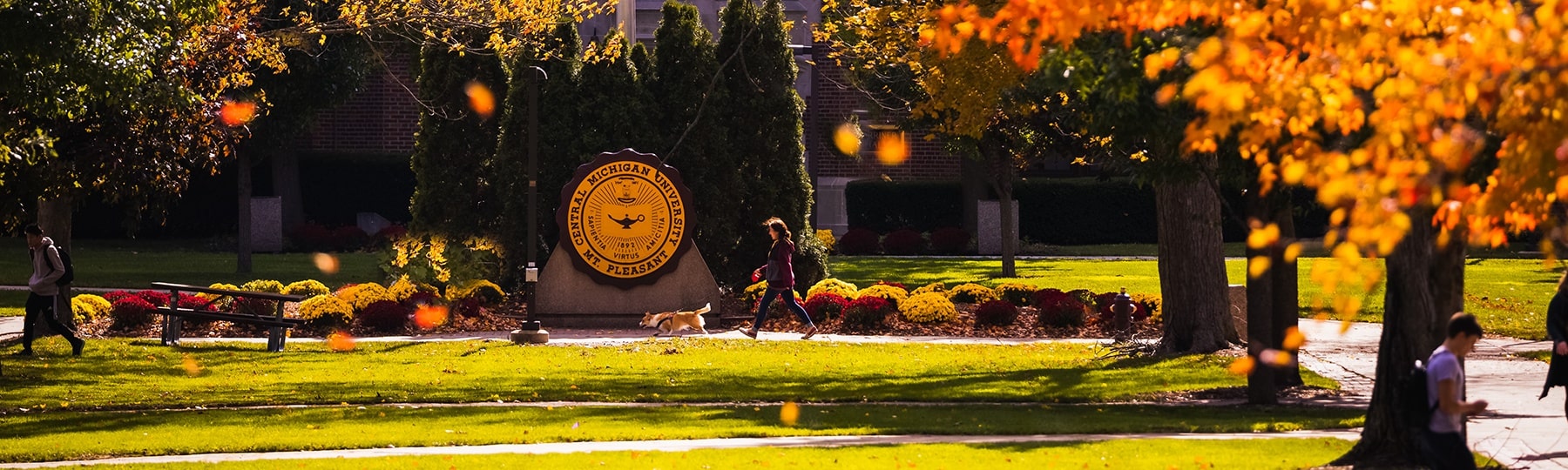 A woman walking a dog in front of the Central Michigan University seal.