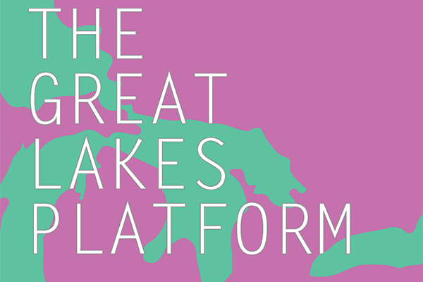 Pink image of the state of Michigan and Great Lakes in green with the text "The Great Lakes Platform"
