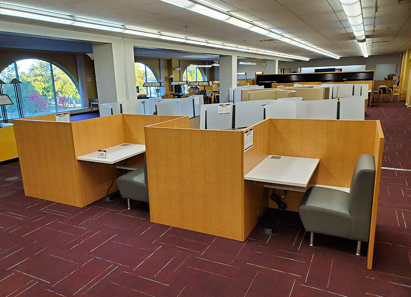 Individual, closed-off study spaces in Park Library.