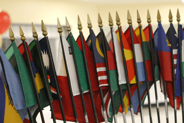 A line a small international flags.