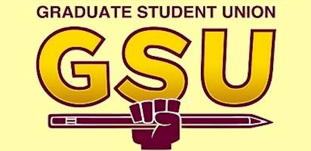 The Graduate Student Union (GSU) logo with a maroon fist holding a pencil.