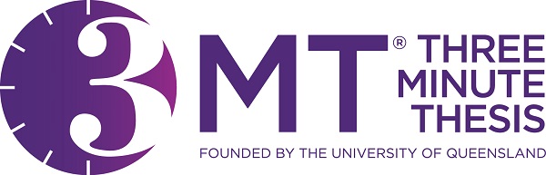 A purple clock like icon with the number three in it and the letters MT next to it with the text Three Minute Thesis Founded by the University of Queensland.