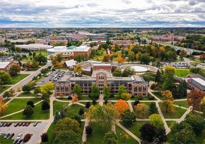 airial photo of CMU's campus with Warriner Hall in the center