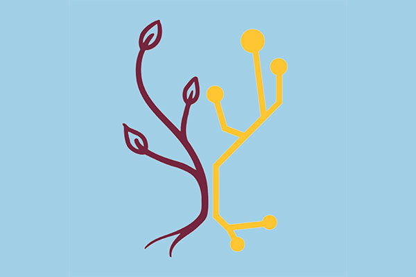 A maroon sprout with leaves next to a gold circuit for the Student Creative and Research Endeavors.