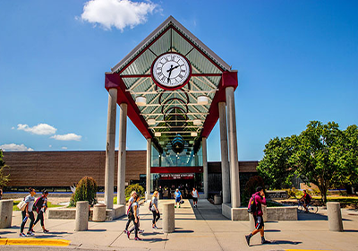 Large clock on the Central Michigan University Student Activity Center entrance.