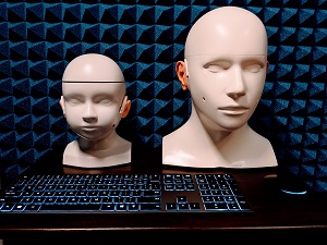 Two plastic human heads, one of an adult and the other of a child, wearing hearing aids.