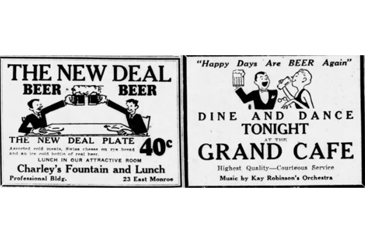 A vintage black and white beer advertisement with cartoon drawings, highlighting Charley's Fountain and Lunch, and the changes made in The New Deal.