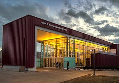 John G. Kulhavi Events Center with lights on.