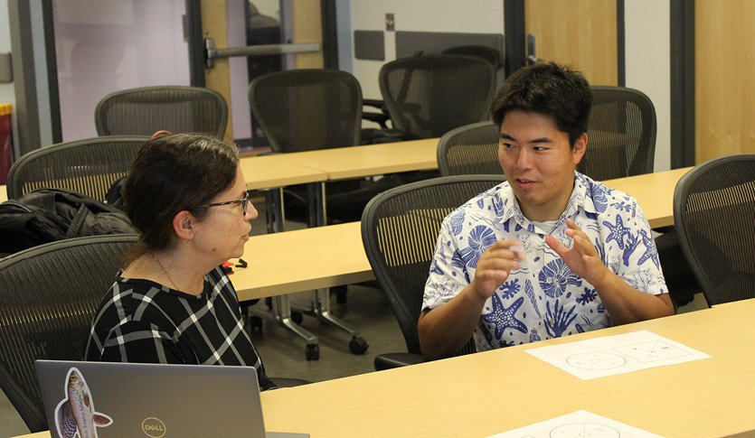 A student sitting at a table with a faculty member during an NVC workshop in Grawn Hall classroom 150G