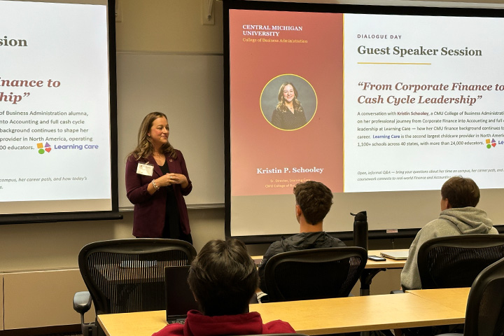 Kristin Schooley speaks to CMU business students during a Dialogue Days classroom session.