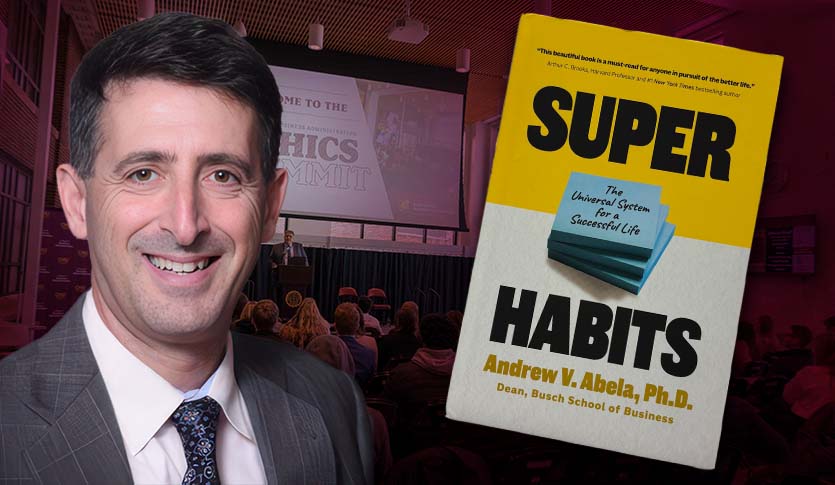 Dr. Andrew Abela in a suit pictured next to his book Super Habits.