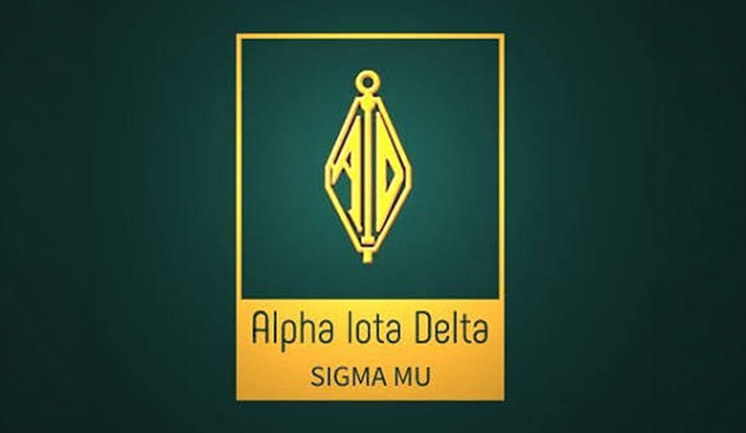 Alpha Iota Delta Sigma Mu logo on a dark green background