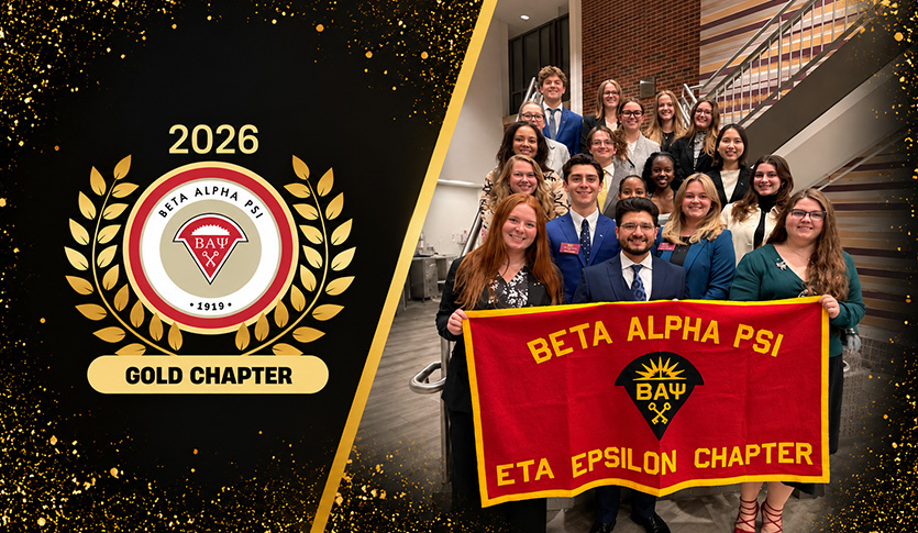 Beta Alpha Psi Eta Epsilon Chapter members pose with their chapter banner beside the 2026 Gold Chapter recognition.