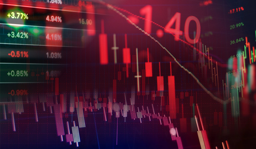 Global financial market crash and economic recession trends are represented by declining stock exchange candlestick charts, negative percentage figures, and a falling red indicator line.