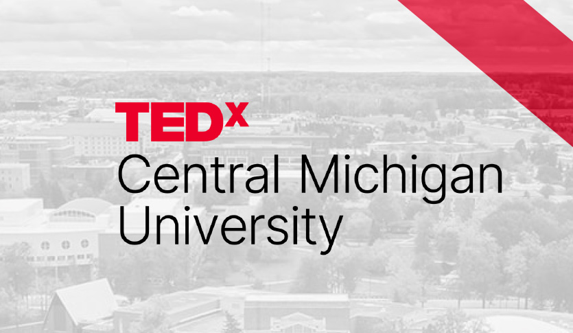 TEDx Central Michigan University logo in red and black over a faded aerial photograph of CMU's campus, with a bold red diagonal graphic in the upper right corner.