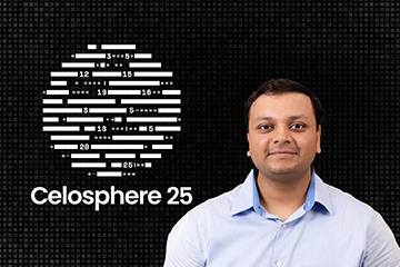 Image text: Celosphere 25. Image: Syed Muhammad Sarim wears a light blue button down shirt. He has short brown hair and a round face. He has a slight smile. The background behind him is black with gray squares with a globe made of white bars and numbers.