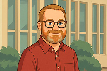 An AI generated illustration of Howard Haines shows him in a red shirt, with blond hair, a beard and glasses. The depiction is remarkably similar to his real-life look.