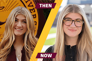 Side-by-side photos of CMU marketing alumna Kennedy Burns, showing her as a student in front of a CMU emblem and more recently wearing glasses and a black blouse. Maroon labels read “Then” and “Now,” separated by a diagonal gold stripe.