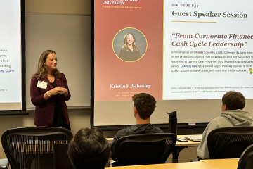 Kristin Schooley speaks to CMU business students during a Dialogue Days classroom session.