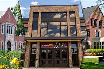 A composite image that shows Powers Hall, Grawn Hall and Sloan Hall exteriors.