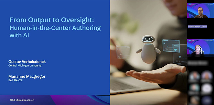 Presentation slide titled “From Output to Oversight: Human-in-the-Center Authoring with AI” by Gustav Verhulsdonck and Marianne MacGregor.