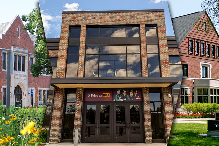A composite image that shows Powers Hall, Grawn Hall and Sloan Hall exteriors.