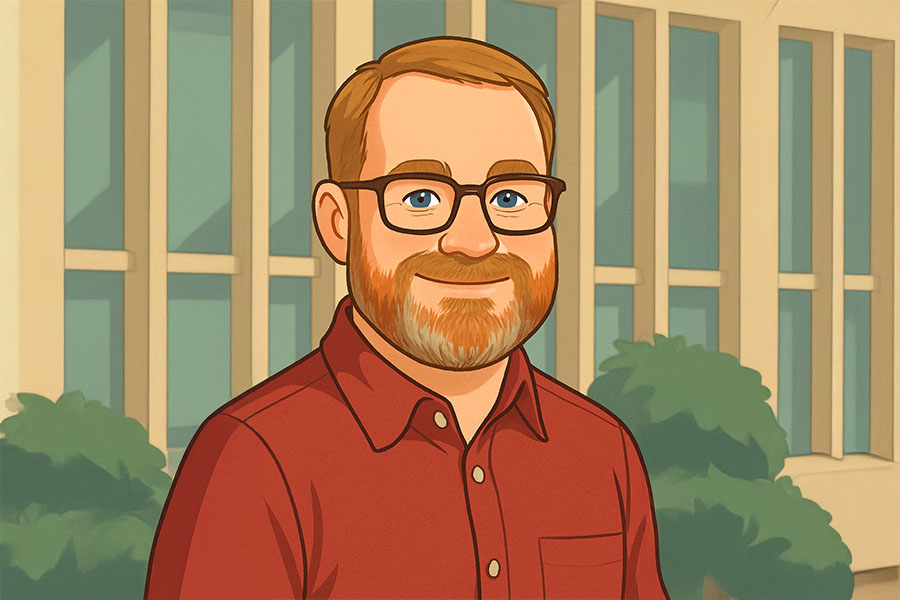 An AI generated illustration of Howard Haines shows him in a red shirt, with blond hair, a beard and glasses. The depiction is remarkably similar to his real-life look.