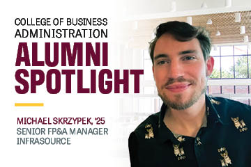 Image text: College of Business Administration Alumni Spotlight Michael Skrzypek, '25 Senior FP&A Manager Infrasource. Image: Michael wears a blue button down with corgi dogs and the word "dad" patterned on it. He has shaggy brown hair and a short beard.