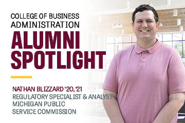 Alumni spotlight graphic featuring Nathan Blizzard, a regulatory specialist and analyst with the Michigan Public Service Commission.