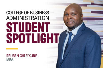 Student spotlight graphic featuring Reuben Chirikure, an MBA student, with his portrait in a blue suit on the right.