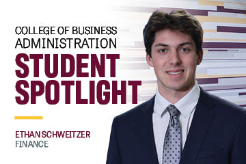College of Business Administration Student Spotlight image of Finance student Ethan Schweitzer in a blue suit