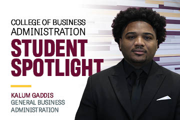Image text: College of Business Administration Student Spotlight Kalum Gaddis General Business Administration. Image: Kalum Gaddis wears a black suit, white pocket square, black shirt and black tie. He has an afro and a goatee.