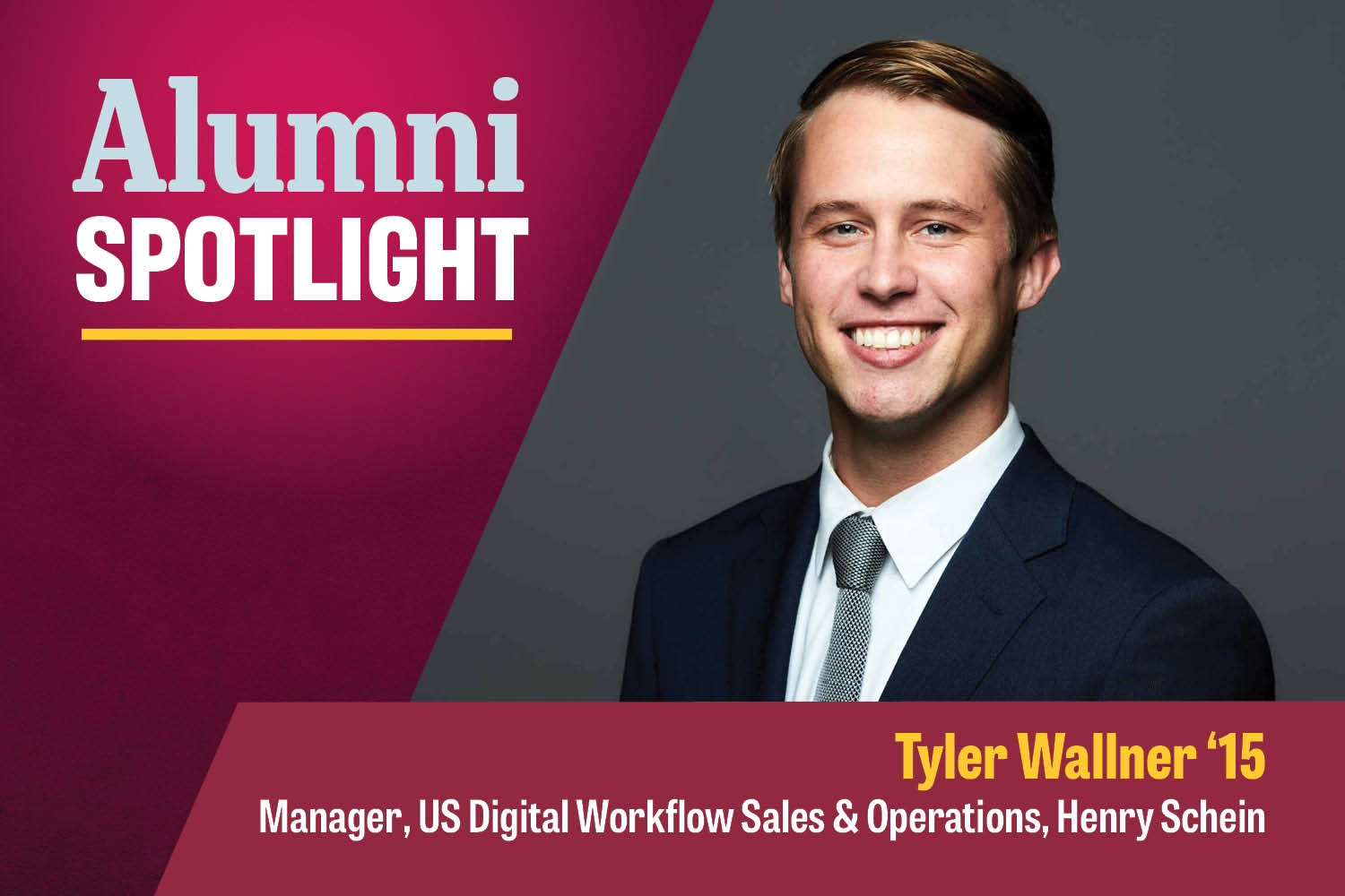 Henry Schein US Digital Workflow Sales & Operations Manager Tyler Wallner smiles at the camera in a dark blue suit coat, white shirt and mint and white patterned tie.