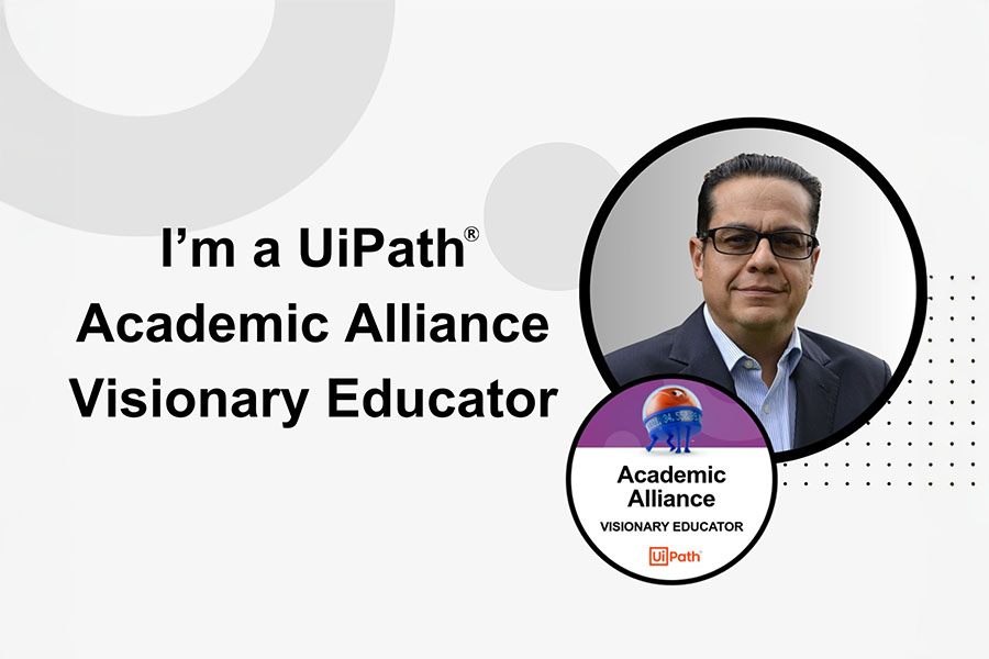 Santiago Aguirre's portrait is set in an inset circle in a graphic created by UiPath recognizing him as a visionary educator.