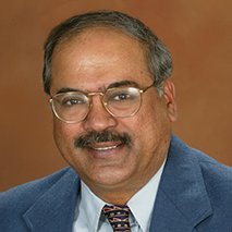 Professional headshot of Dr. Kumar Palaniswami in a blue-gray suit against a brown background