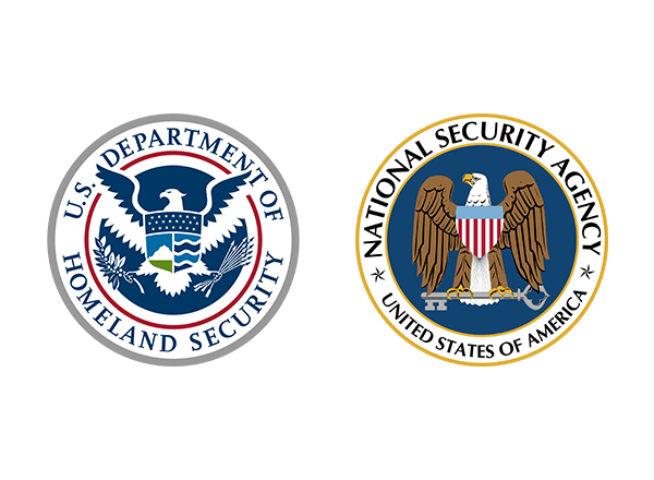 The official logo for the Department of Homeland Security next to the official logo for the National Security Agency.